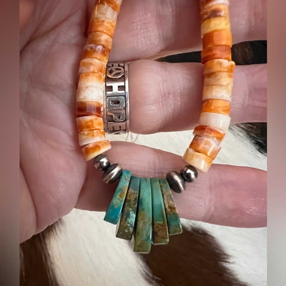 ❤️ Spiny Oyster Heishi Beads & 925 Desert Pearl Navajo Style Jacla Necklace 18” - Picture 5 of 14